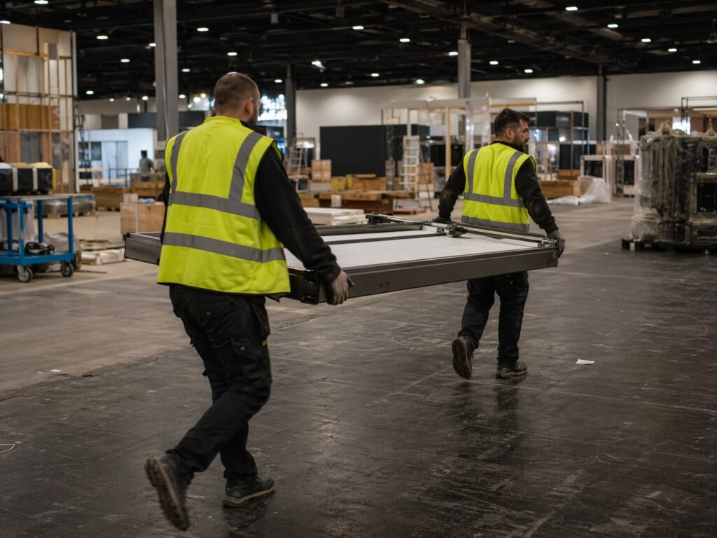 Two BV Exhibitions porters in hi-vis vests carrying a stand panel during an exhibition build