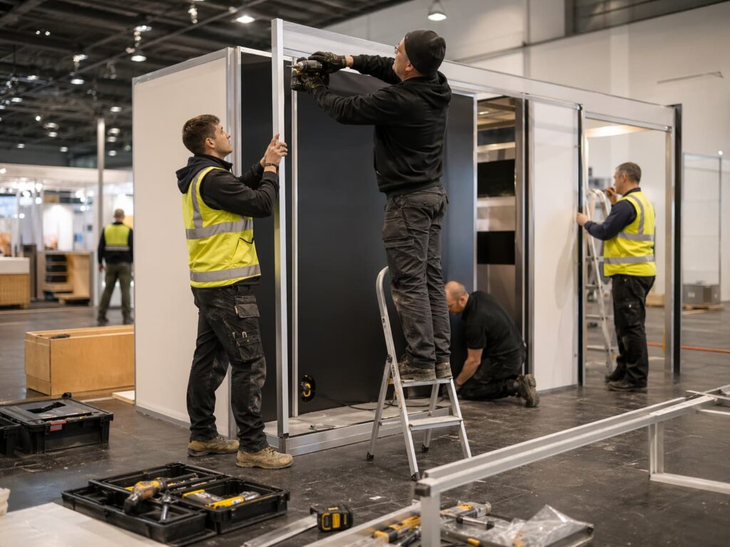 BV Exhibitions crew assisting with stand build, lifting modular display panels into position